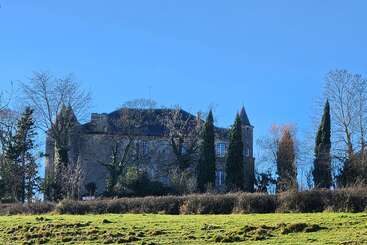 A stone building resembling a small castle stands among tall trees and bushes under a clear blue sky, with a grassy field in the foreground.