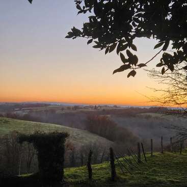 A serene countryside landscape at sunset, with rolling hills, silhouetted trees, a rustic fence, and leafy branches overhead, all bathed in a warm orange glow.