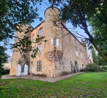 This image shows an old stone castle with round towers, arched white doors, ivy-clad walls, and surrounded by green grass and leafy trees under a blue sky.