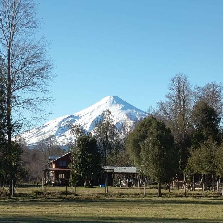 A peaceful rural landscape features a snow-capped mountain in the background, surrounded by trees. In the foreground, there is a cozy wooden house and open field.