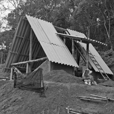 Um abrigo rústico e inacabado com estrutura em A fica em uma colina de terra, cercado por árvores. Há um cachorro por perto. Degraus feitos de madeira descem a encosta de terra.