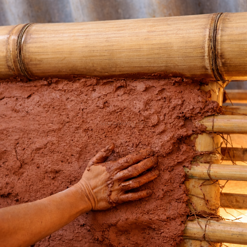 Eine Hand streicht feuchten, rötlichen Lehm auf eine Bambusstruktur und zeigt so traditionelle natürliche Bauweisen mit nachhaltigen, umweltfreundlichen Materialien für den Bau von Wänden oder Häusern.