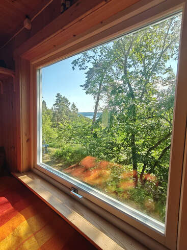La lumière du soleil pénètre à flots par une grande fenêtre dans une pièce en bois, dévoilant un paysage verdoyant à l'extérieur, avec des arbres, de la végétation, ainsi qu'un ciel bleu et de l'eau au loin.