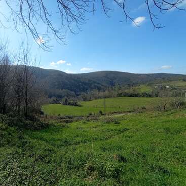 Um dia ensolarado e claro sobre colinas verdes e pastos. Árvores nuas emolduram a cena, montanhas distantes se erguem sob um céu azul brilhante com nuvens.