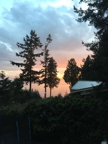 La imagen representa una serena puesta de sol, con árboles y una casa en primer plano, sobre una tranquila masa de agua y un cielo nublado.