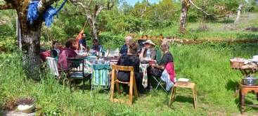 A group of people sit around a colorful table outdoors, enjoying a meal in a lush, green garden. Sunlight filters through trees, creating a warm atmosphere.
