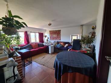 This cozy living room features large windows with red curtains, a sectional sofa with many cushions, hanging plants, a patterned rug, and eclectic decorations, creating a warm, inviting atmosphere.
