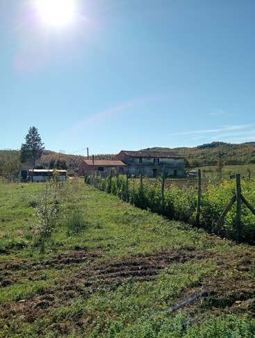 Eine strahlende Sonne scheint über eine ländliche Landschaft mit einer grünen Wiese, einem eingezäunten Bereich, kleinen Bäumen und einem alten Bauernhaus vor dem Hintergrund bewaldeter Hügel.