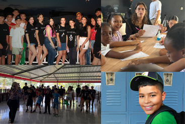 This collage features smiling teenagers at an event, a classroom scene with kids and a teacher, a group dance activity, and a young boy by lockers.
