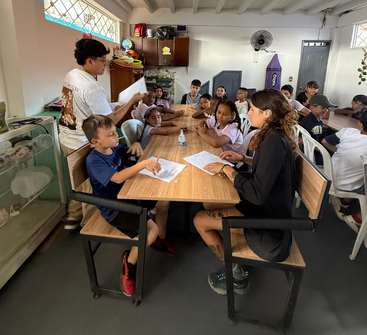 This collage features group activities: paintball, classroom learning, street posing, collaborative studying, group photo at Watford, and creative teaching moments, illustrating vibrant social interactions.