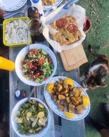 Un repas champêtre en plein air comprend une salade, des légumes rôtis, de la focaccia, une salade de pommes de terre, des cubes de tofu marinés au citron, des boissons, et un chat calico qui s'approche avec curiosité de la table.