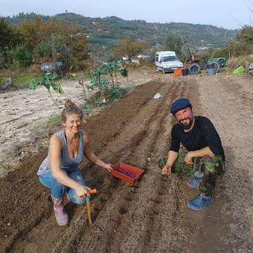 Una mujer y un hombre sonrientes plantan semillas en un parterre. Están arrodillados sobre hileras de tierra, con herramientas de jardinería, una bandeja roja y un paisaje rural detrás de ellos.