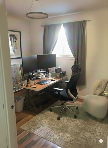 Il s'agit d'un bureau à domicile confortable avec deux écrans, une chaise ergonomique et des plantes décoratives. Un éclairage doux, des œuvres d'art et un tapis à motifs ajoutent de la chaleur et du confort.