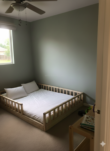 Une chambre d'enfant simple et confortable avec des murs vert clair, un lit bas en bois avec des draps blancs, une petite étagère et la lumière naturelle d'une fenêtre.