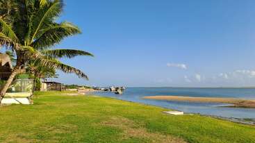 Uma cena serena à beira-mar mostra grama verde, palmeiras inclinadas, um mar azul tranquilo, barcos atracados perto da costa, trechos de areia e um céu claro e ensolarado.