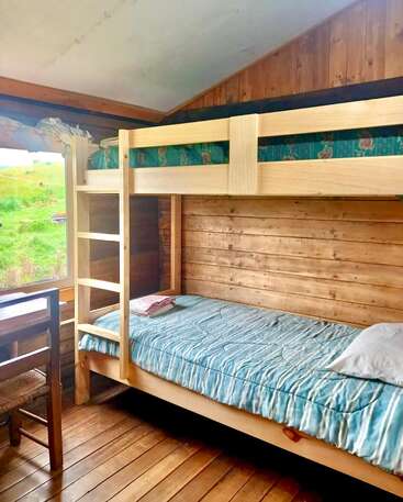This cozy wooden room features bunk beds with blue-striped bedding, a window overlooking greenery, a simple wooden desk and chair, and rustic wood-paneled walls and floors.