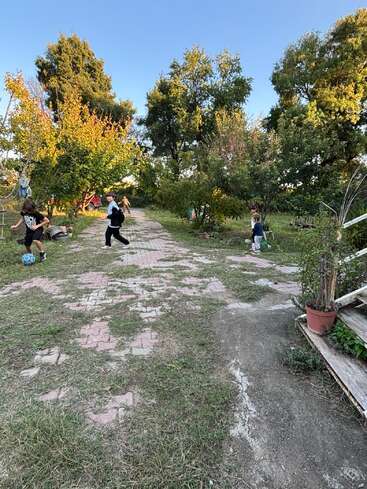 Des enfants jouent joyeusement dans un jardin ensoleillé et arboré. Certains courent, d'autres jouent avec un ballon, tandis que de la verdure et un chemin de briques usé agrémentent la scène.