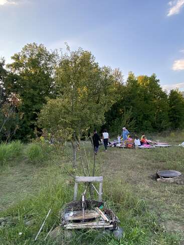 Un groupe de personnes se réunit en plein air sur de l'herbe, entouré d'arbres. Au premier plan, il y a une chaise en bois fabriquée à la main et quelques matériaux naturels éparpillés.