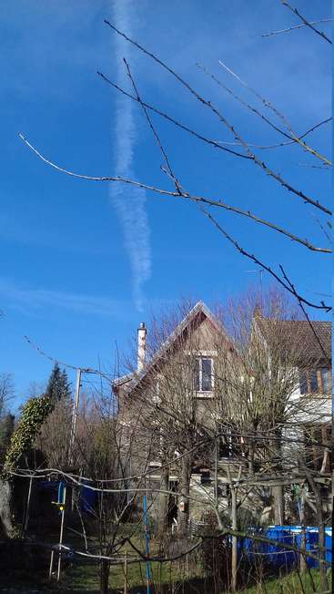Das Bild zeigt eine ruhige Szene mit einem Haus mit Schornstein, umgeben von Bäumen und einem blauen Himmel mit einem Kondensstreifen, der ein Gefühl der Ruhe hervorruft.