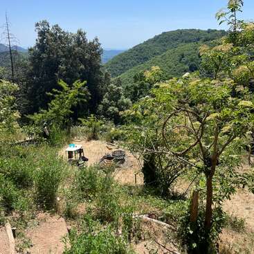 Uma encosta tranquila e ensolarada, coberta de vegetação verdejante. Há uma pequena mesa e cadeiras, rodeadas por árvores frondosas e montanhas, sob um céu azul límpido.