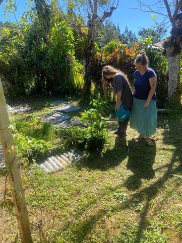 Duas mulheres estão em um jardim ensolarado, observando as plantas e a vegetação. Cercadas por árvores frondosas e vegetação exuberante, elas parecem estar envolvidas em atividades tranquilas de jardinagem ao ar livre.