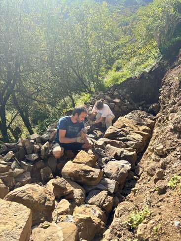 Two people are building a stone wall on a hillside, surrounded by lush greenery and sunlight filtering through the trees, working together on a sunny day.