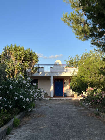 Une petite maison avec une porte bleue se trouve au bout d'une allée, entourée d'arbres verdoyants et de buissons fleuris sous un ciel bleu clair.