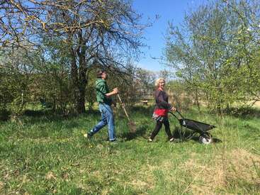A woman pushes a wheelbarrow and a man carries a shovel while walking through a sunny, grassy orchard with trees, working together on a gardening project.