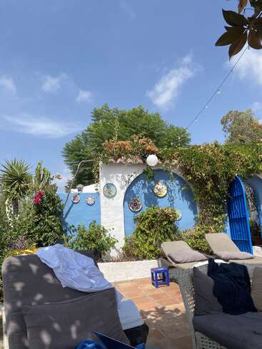 A sunny courtyard with blue sky, lounge chairs, colorful ceramic plates on a stucco wall, lush greenery, string lights, and scattered towels creates a relaxing atmosphere.