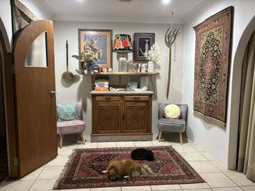A cozy room with two armchairs, a wooden cabinet, decorative art, wall hanging rug, shelf with books, a floral lamp, a dog, and a cat.