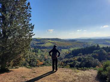Uma pessoa está à beira de um mirante panorâmico, contemplando colinas verdes, florestas e um céu azul claro, abraçando a beleza da natureza.