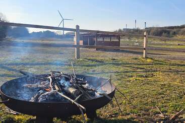 A fire pit with burning logs sits on grassy land. Behind, a wooden fence, shed, wind turbine, factory chimneys, and grazing animals create a rural landscape.