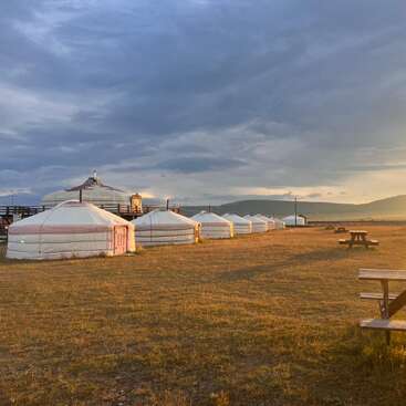 The image depicts a serene grassy field with yurts, picnic tables, and a tree, set against a cloudy sky with the sun peeking through the branches.