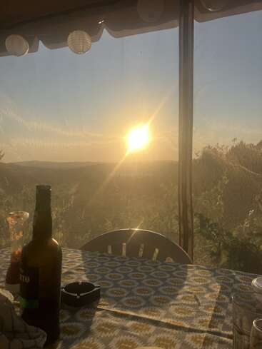 A warm sunset casts golden light over a patterned tablecloth, wine bottle, glassware, and chair on a veranda, surrounded by peaceful lush greenery outside.