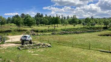 A silver car is parked on a grassy area next to a rural field with scattered trees, a stone wall, blue sky, and fluffy clouds above.