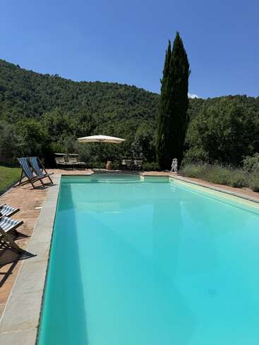 A serene swimming pool reflects the blue sky, surrounded by lounge chairs, an umbrella, lush green trees, and tall hills under bright sunlight. Peaceful atmosphere.