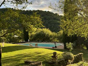 A serene backyard features a sparkling swimming pool surrounded by lush greenery, trees, and hills. Sunlight gently illuminates the scene, creating a peaceful, relaxing atmosphere.