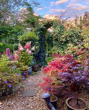 Un encantador jardín con vibrantes macetas, coloridas flores y exuberante vegetación. Un camino de piedra conduce a través de un arco cubierto de hiedra bajo un cielo en tonos pastel cubierto de nubes.