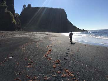 La imagen representa una serena escena playera con una persona que se aleja de la cámara dejando huellas en la arena, con un majestuoso acantilado y el océano como telón de fondo.