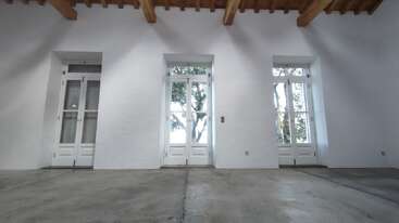 Esta imagen muestra una habitación minimalista con tres altas puertas blancas, paredes blancas, vigas de madera vistas en el techo, suelo de hormigón y ventanas con vistas a los árboles del exterior.