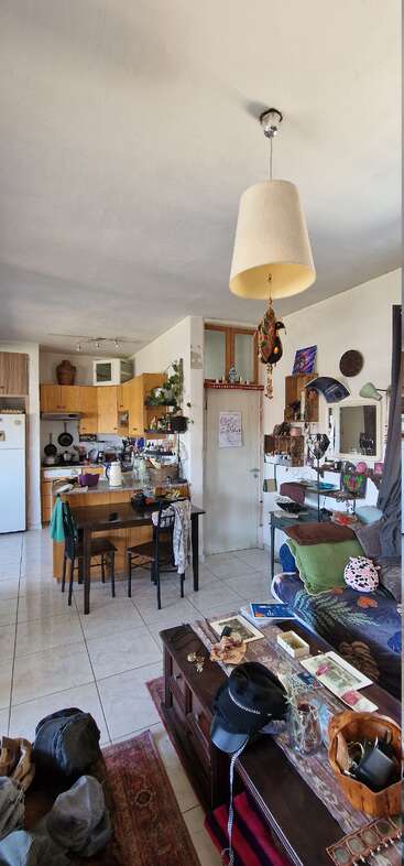 Un salón y una cocina acogedores y eclécticos, con armarios de madera, una mesa desordenada, adornos en la pared, un pavo real colgante, un sofá, una mesa de centro y varios objetos personales desperdigados.