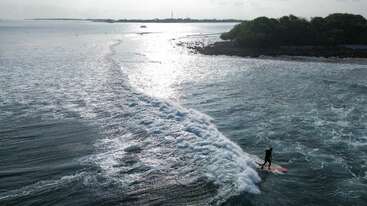 A lone surfer rides a gentle wave near a rocky shoreline, surrounded by calm blue water and lush green trees under a bright, reflective sky.