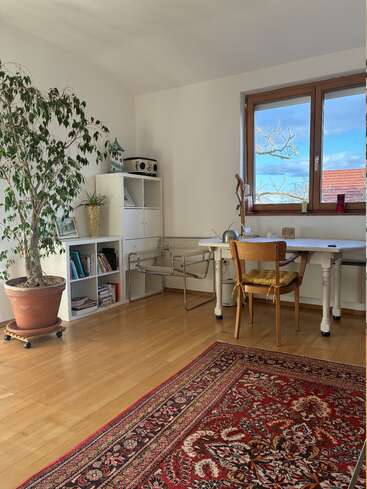A cozy, sunlit room with a large window, white desk, wooden chair, potted tree, bookshelf, radio, decorative objects, and a vibrant patterned red rug.