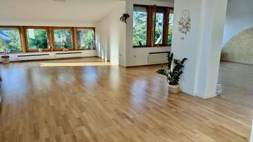 A spacious, sunlit room with large windows, wooden floors, minimal decor, green plants, and white walls. Bright, airy, peaceful atmosphere ideal for relaxation or yoga.