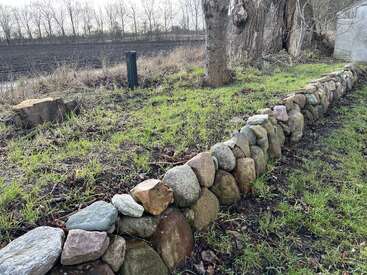 A rustic stone wall runs through a grassy area beside a tree. Bare field and leafless trees are visible in the background, indicating early spring or autumn.