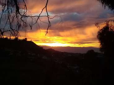 Un coucher de soleil spectaculaire illumine le ciel de teintes orange et jaune vives, tandis que les silhouettes des arbres et des collines créent un paysage paisible et pittoresque sous les nuages lumineux.