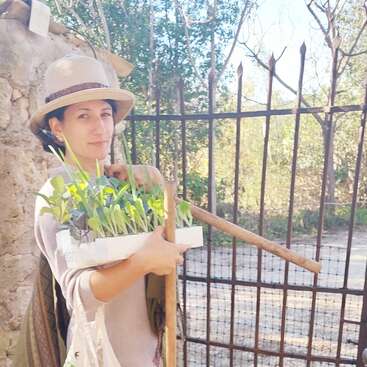 Une femme coiffée d'un chapeau tient un plateau de semis verts et un outil en bois. Elle se tient à l'extérieur, près d'un portail métallique, et semble prête à jardiner.