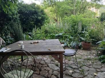 Une terrasse rustique avec des chaises en métal et une table en bois, entourée d'une végétation luxuriante, de plantes en pot et de deux tasses à café, évoque la détente paisible en plein air.