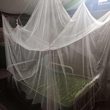 Uma cama de solteiro com estrutura de metal coberta por um mosquiteiro branco fica em um quarto pouco iluminado. O mosquiteiro é cortado para baixo, protegendo você dos insetos.