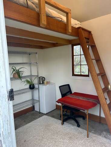 Esta acogedora habitación cuenta con una cama alta de madera, una escalera, un pequeño escritorio con una tela roja, una silla de oficina, un mini frigorífico, una estantería, plantas y una ventana.